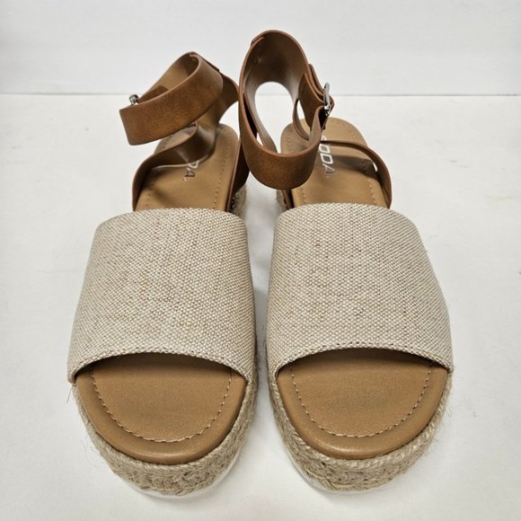Soda Topic~ Open Toe Buckle Ankle Strap Flatform Wedge, BG CAN/TAN - Picture 1 of 4